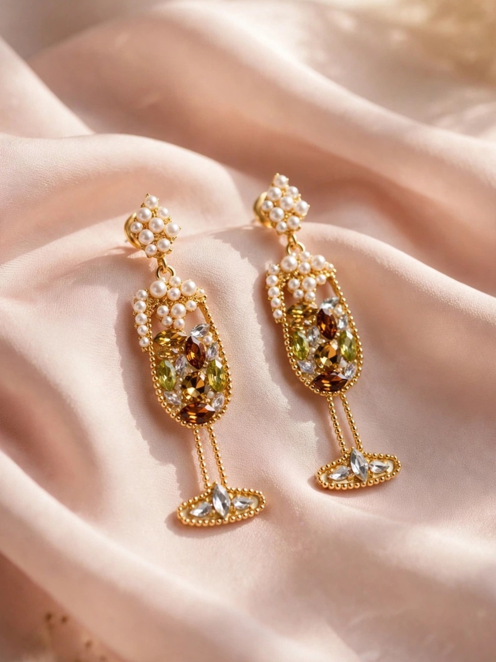 ✨ Champagne Glass Statement Drop Earrings | Pearl & Crystal Gold Tone | NWT